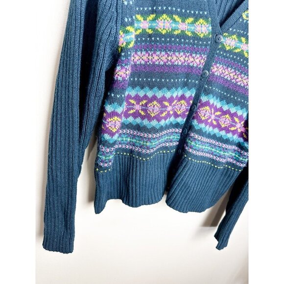 Norton Mcnaughton Fair Isle Retro Button Up Cardigan XL Blue Green Womens Collar - Picture 3 of 10